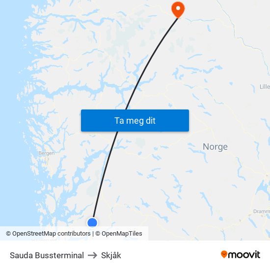 Sauda Bussterminal to Skjåk map