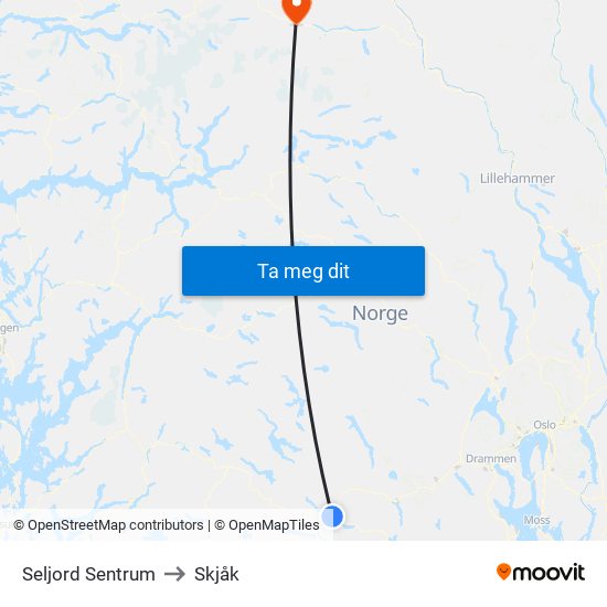 Seljord Sentrum to Skjåk map