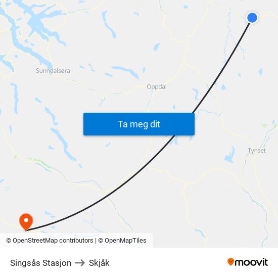 Singsås Stasjon to Skjåk map
