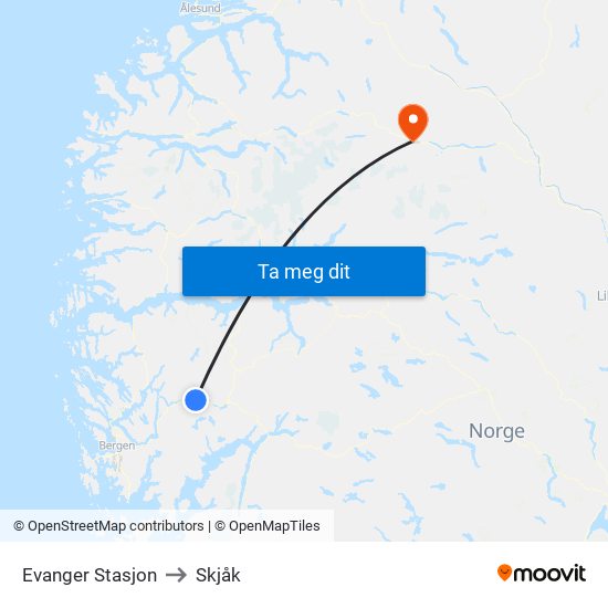 Evanger Stasjon to Skjåk map