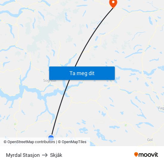 Myrdal Stasjon to Skjåk map
