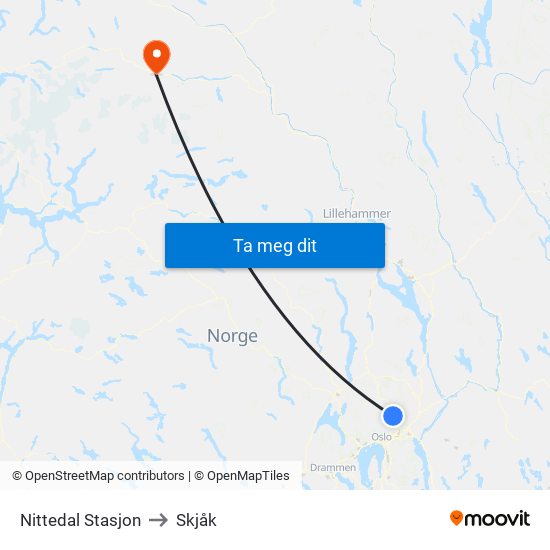 Nittedal Stasjon to Skjåk map