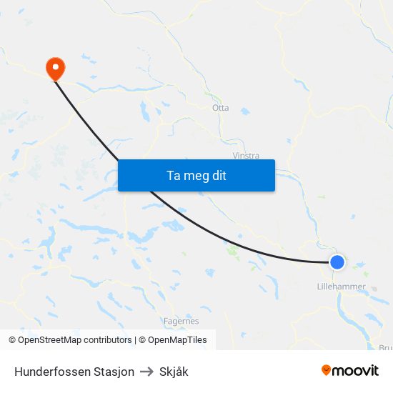 Hunderfossen Stasjon to Skjåk map