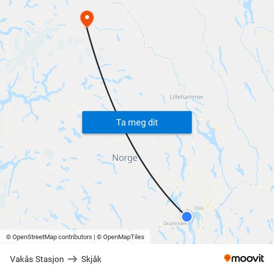 Vakås Stasjon to Skjåk map