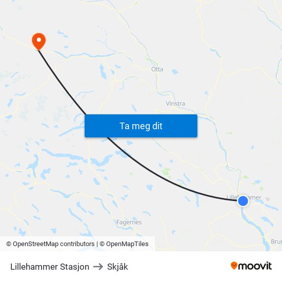 Lillehammer Stasjon to Skjåk map