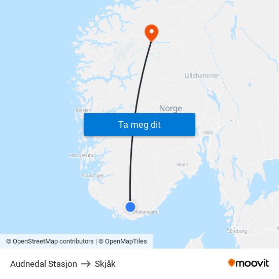 Audnedal Stasjon to Skjåk map
