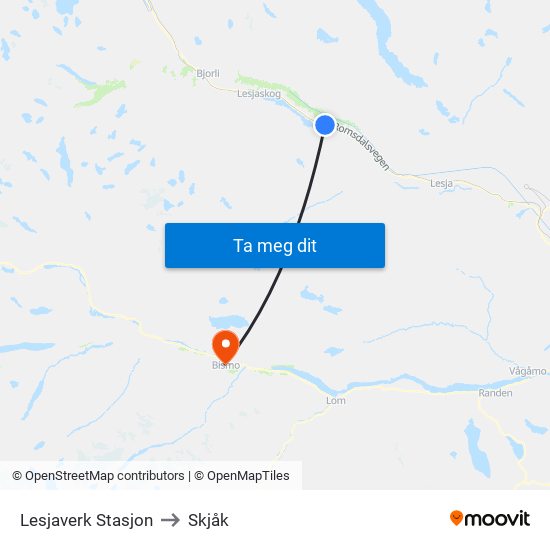 Lesjaverk Stasjon to Skjåk map