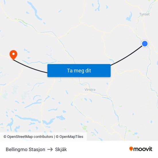 Bellingmo Stasjon to Skjåk map