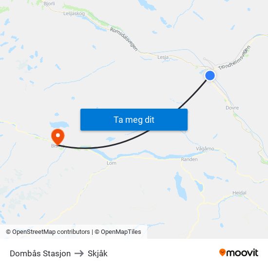 Dombås Stasjon to Skjåk map