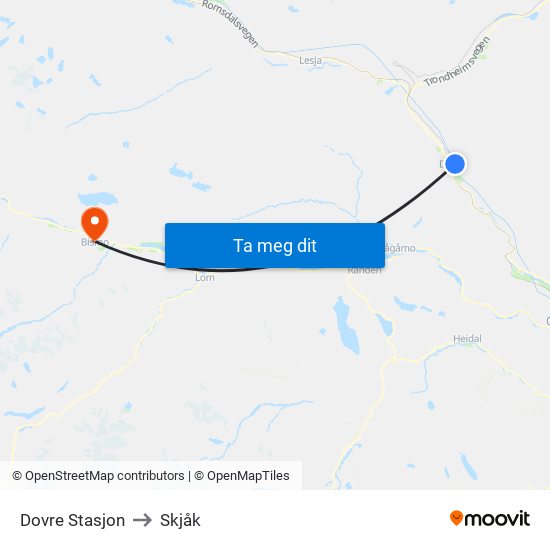 Dovre Stasjon to Skjåk map