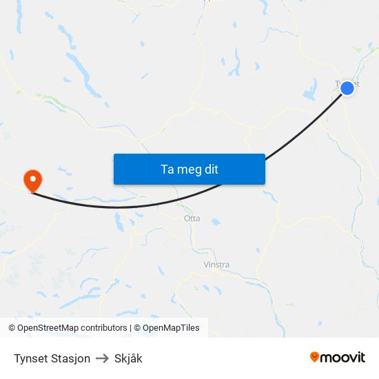 Tynset Stasjon to Skjåk map