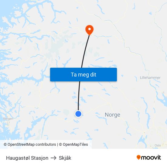 Haugastøl Stasjon to Skjåk map