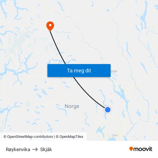 Røykenvika to Skjåk map