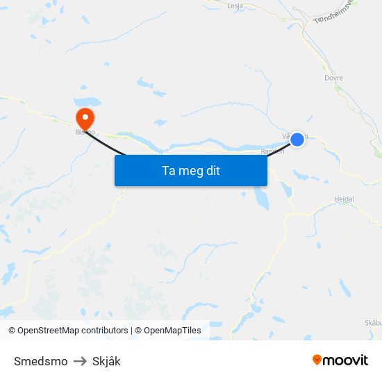 Smedsmo to Skjåk map