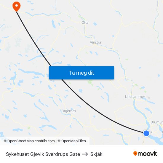 Sykehuset Gjøvik Sverdrups Gate to Skjåk map