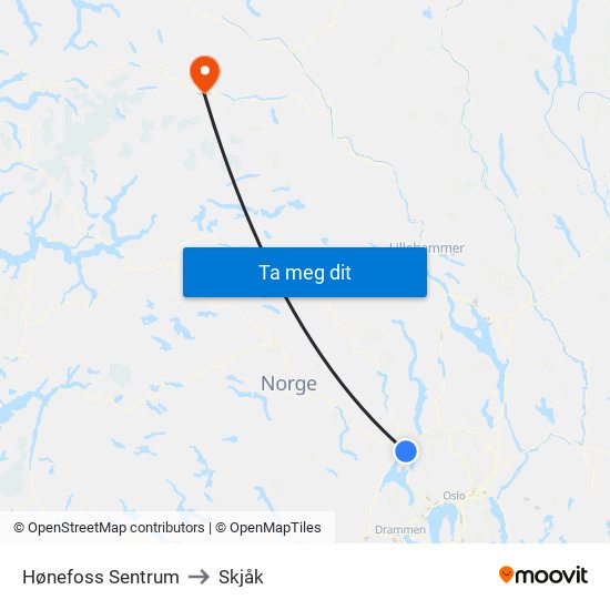 Hønefoss Sentrum to Skjåk map