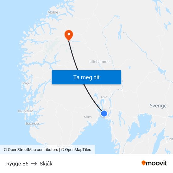Rygge E6 to Skjåk map