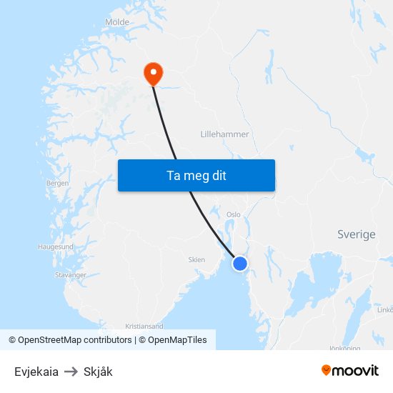 Evjekaia to Skjåk map