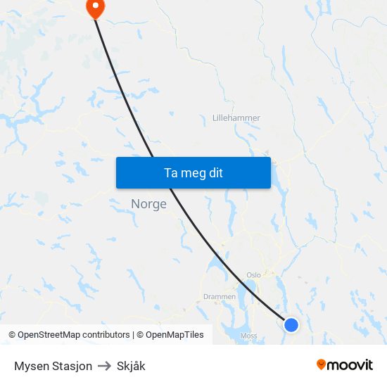 Mysen Stasjon to Skjåk map