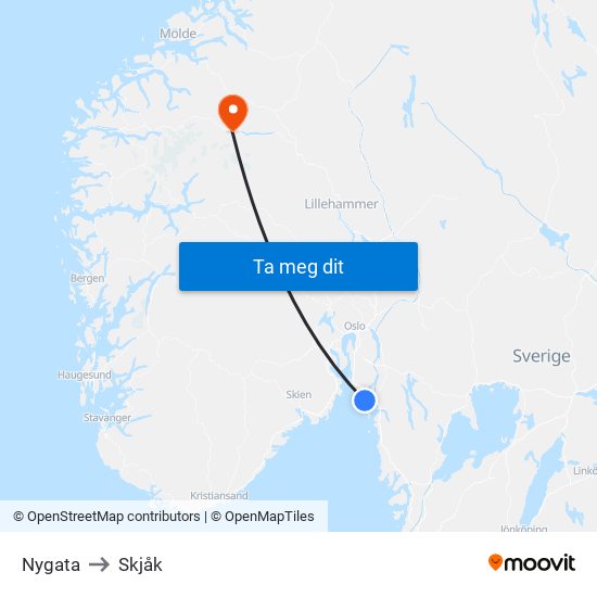 Nygata to Skjåk map