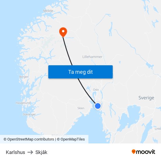Karlshus to Skjåk map