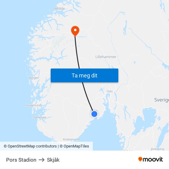 Pors Stadion to Skjåk map