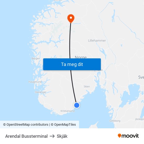 Arendal Bussterminal to Skjåk map
