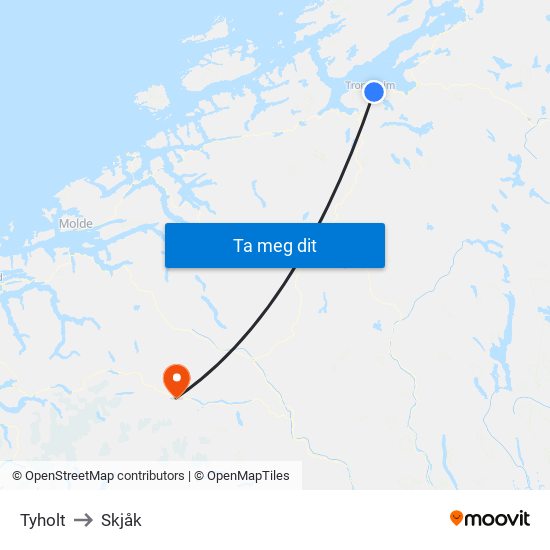 Tyholt to Skjåk map