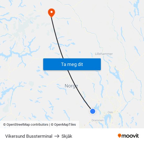 Vikersund Bussterminal to Skjåk map