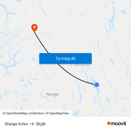 Stange Kirke to Skjåk map