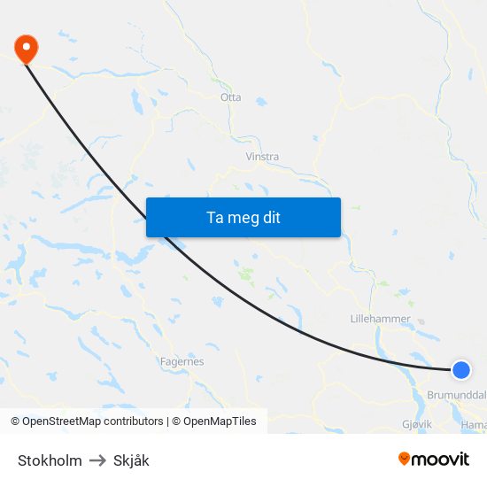 Stokholm to Skjåk map