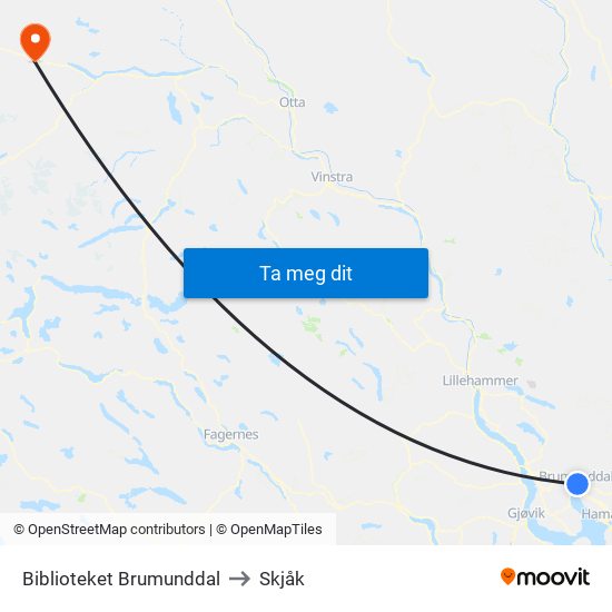 Biblioteket Brumunddal to Skjåk map