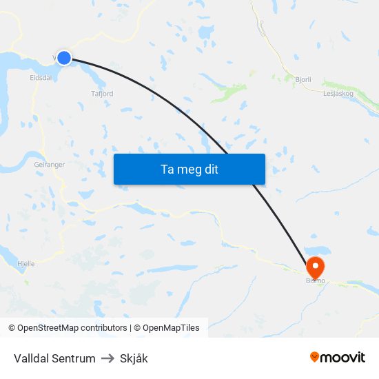 Valldal Sentrum to Skjåk map