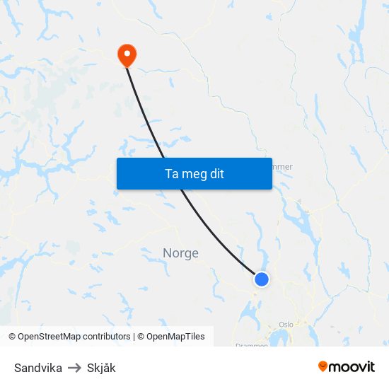 Sandvika to Skjåk map