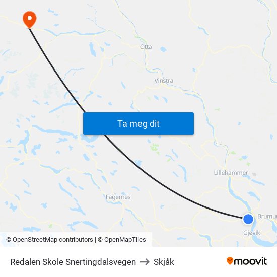 Redalen Skole Snertingdalsvegen to Skjåk map