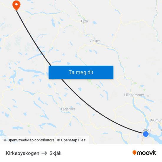 Kirkebyskogen to Skjåk map