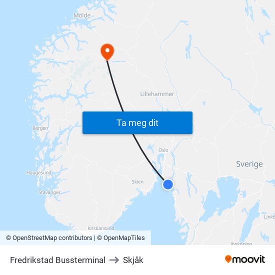Fredrikstad Bussterminal to Skjåk map