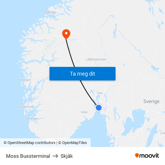 Moss Bussterminal to Skjåk map