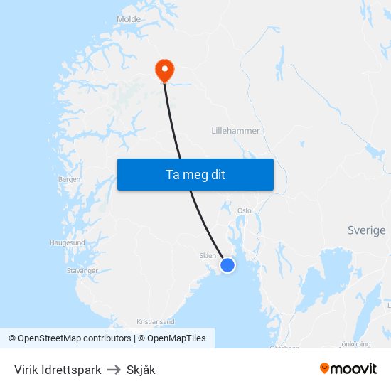 Virik Idrettspark to Skjåk map