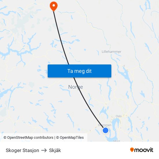 Skoger Stasjon to Skjåk map