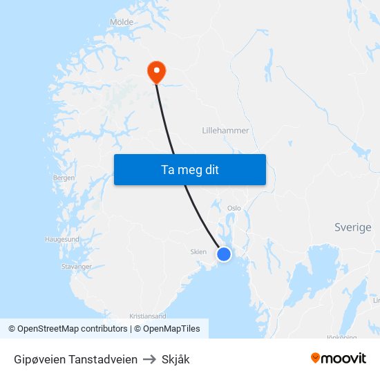 Gipøveien Tanstadveien to Skjåk map