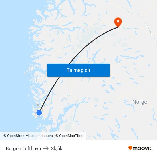 Bergen Lufthavn to Skjåk map