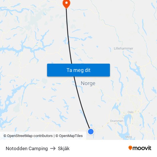 Notodden Camping to Skjåk map