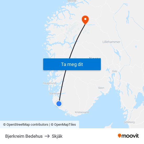 Bjerkreim Bedehus to Skjåk map