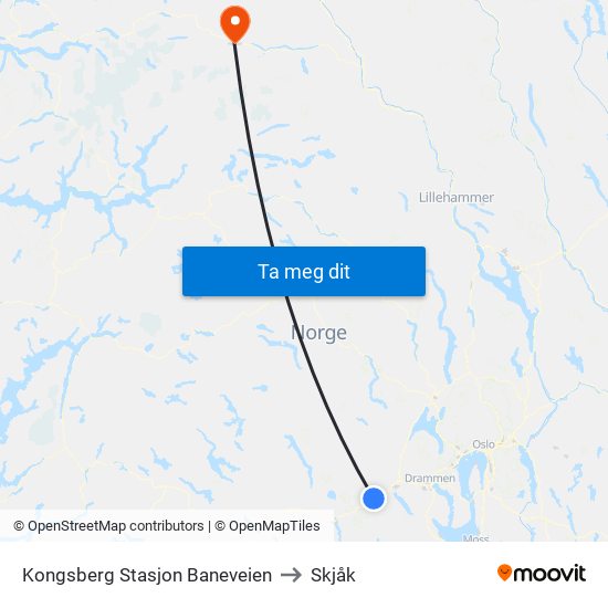 Kongsberg Stasjon Baneveien to Skjåk map