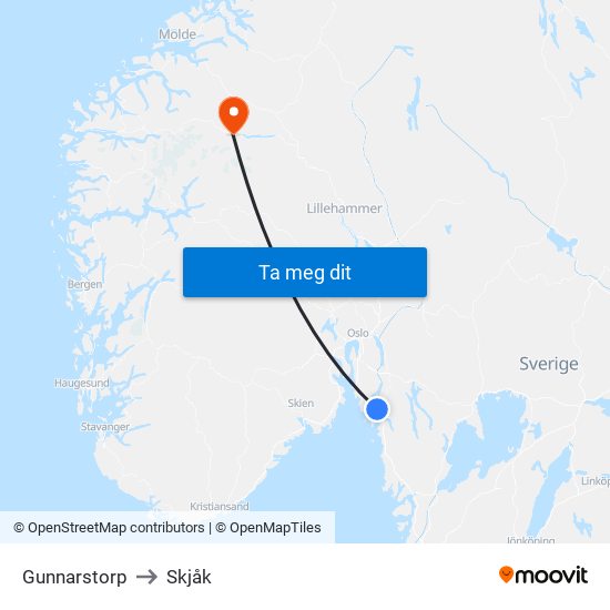 Gunnarstorp to Skjåk map