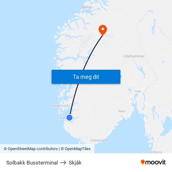 Solbakk Bussterminal to Skjåk map