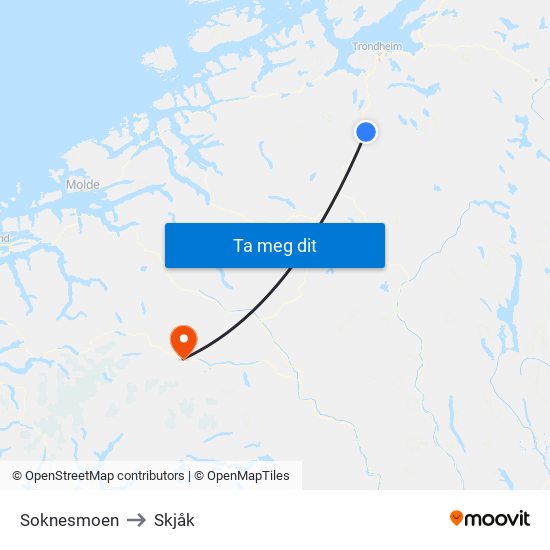 Soknesmoen to Skjåk map