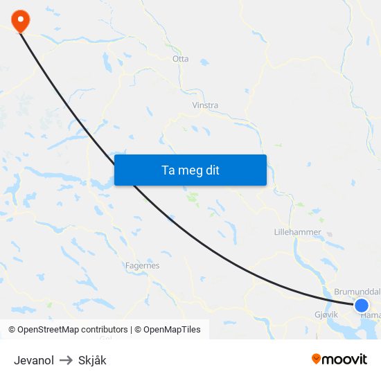 Jevanol to Skjåk map