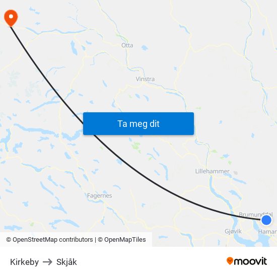 Kirkeby to Skjåk map
